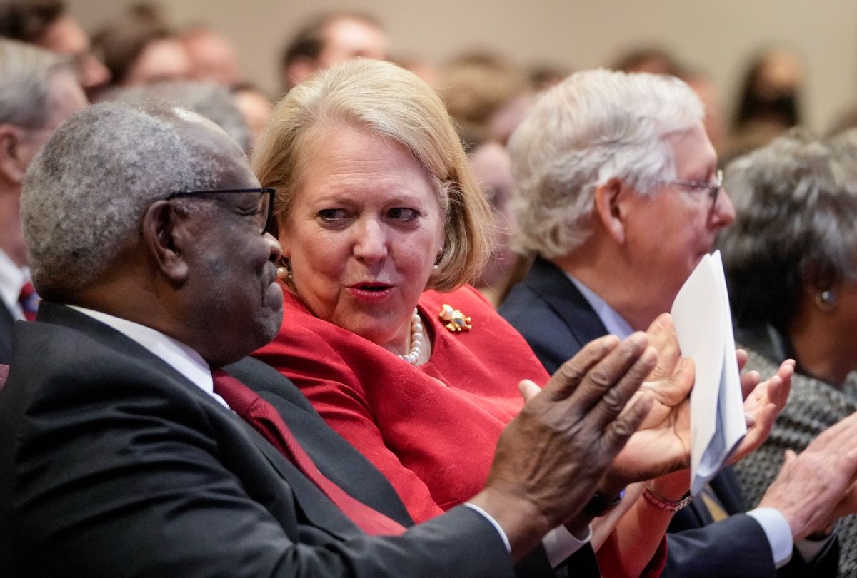 Supreme Court Justice Clarence Thomas sits with his wife and conservative activist Virginia Thomas while he waits to speak at the Heritage Foundation on October 21, 2021 in Washington, DC.  (Drew Angerer/Getty Images)