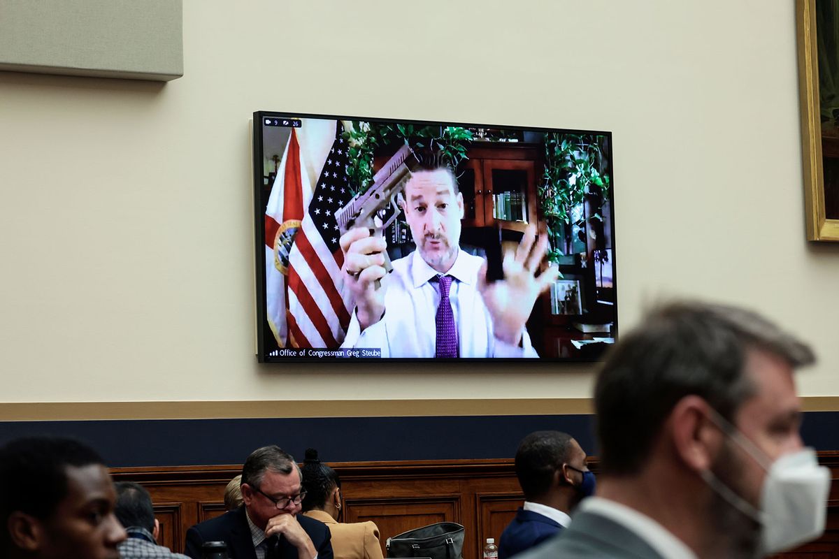 Rep. Greg Steube (R-FL) demonstrates assembling his handgun as he speaks remotely during a House Judiciary Committee mark up hearing in the Rayburn House Office Building on June 02, 2022 in Washington, DC. (Anna Moneymaker/Getty Images)