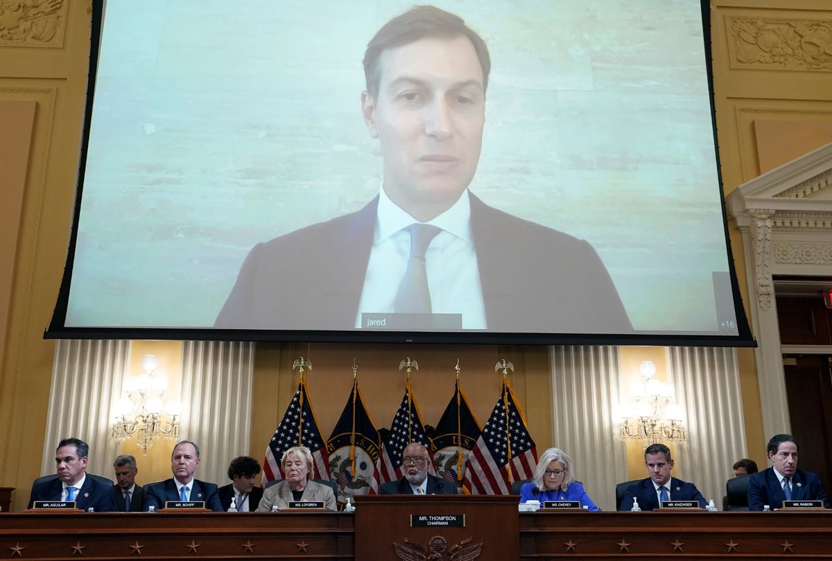 Former President Donald Trump's son-in-law Jared Kushner is seen on a screen during a hearing by the Select Committee to Investigate the January 6th Attack on the U.S. Capitol on June 09, 2022 in Washington, DC.  (Photo by Drew Angerer/Getty Images)
