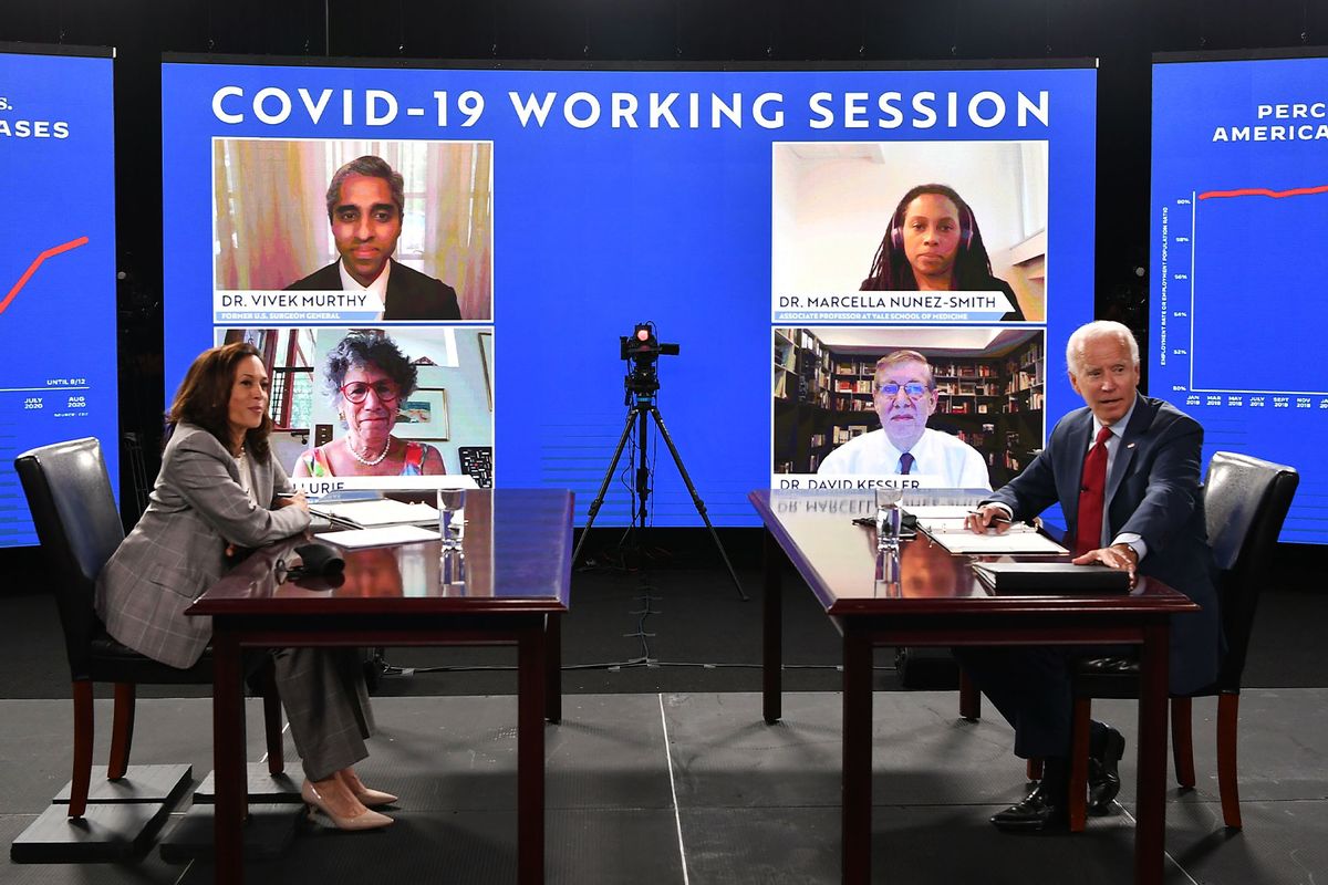 Joe Biden and Kamala Harris, receive a briefing on COVID-19 from health experts in Wilmington, Delaware, on August 13, 2020. (MANDEL NGAN/AFP via Getty Images)