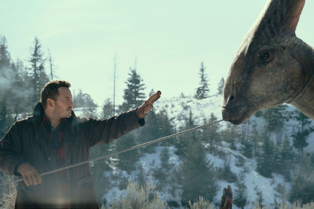 Owen Grady (Chris Pratt) and a Parasaurolophus in "Jurassic World: Dominion" (Universal Pictures / Amblin Entertainment)
