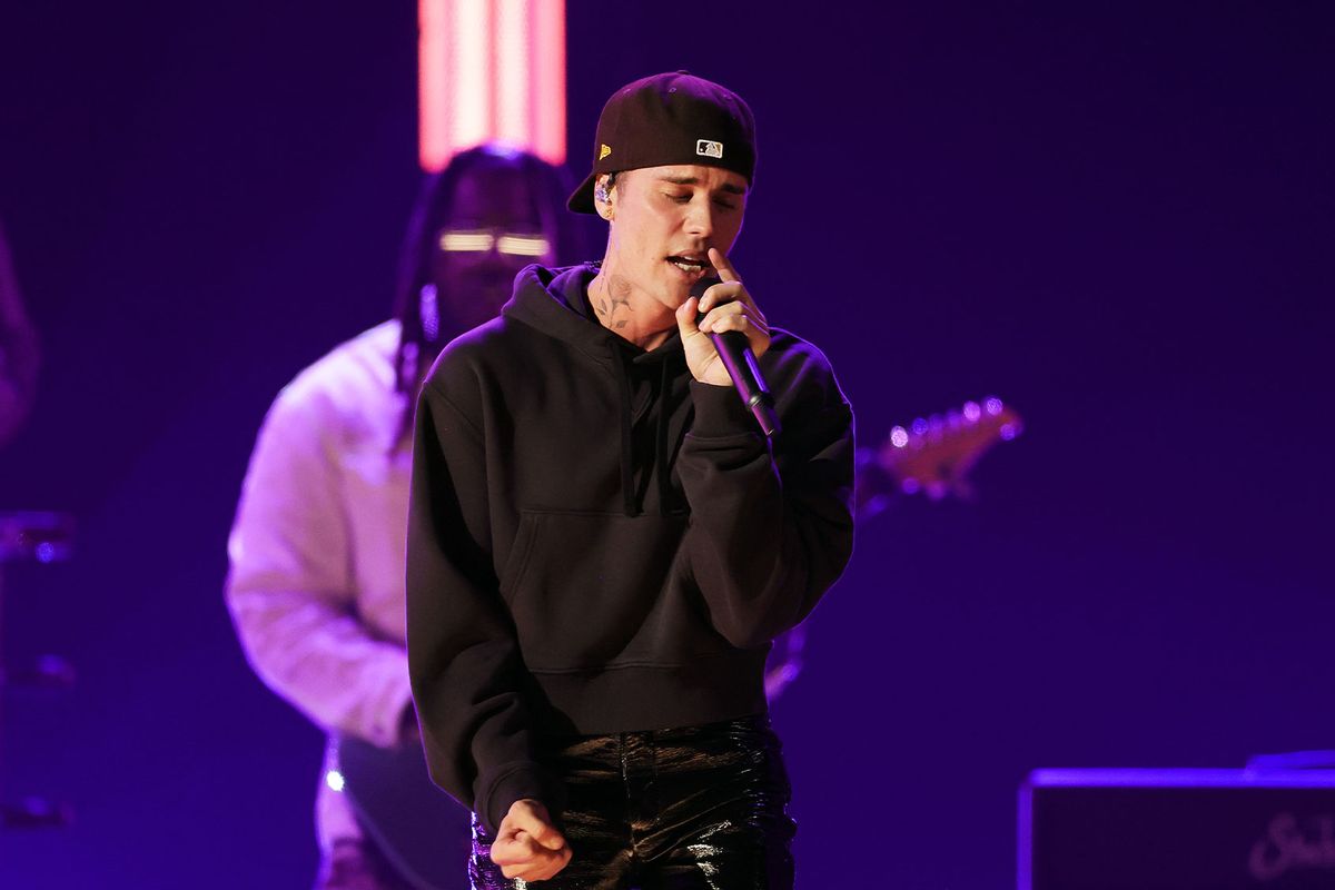 Justin Bieber performs onstage during the 64th Annual GRAMMY Awards at MGM Grand Garden Arena on April 03, 2022 in Las Vegas, Nevada. (Rich Fury/Getty Images for The Recording Academy)