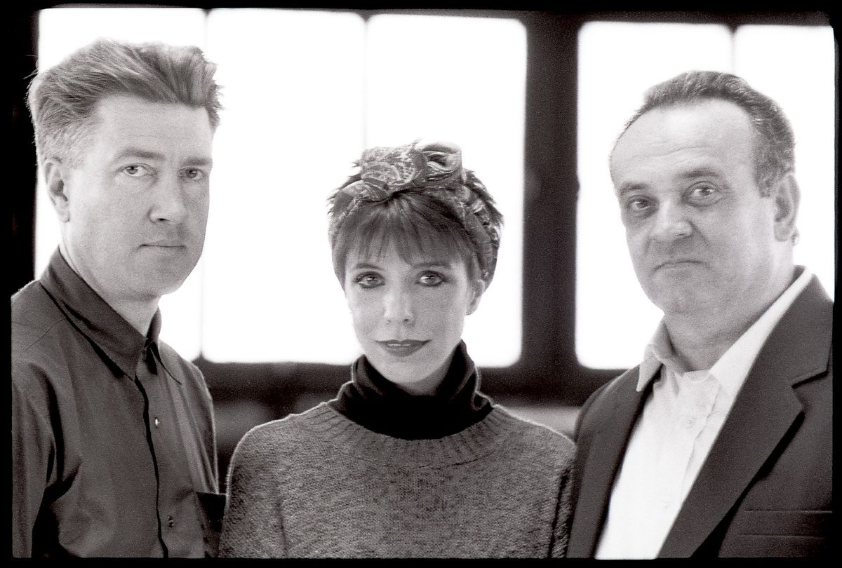 David Lynch film and television director, Angelo Badalamenti composer and Julee Cruise singer on the rooftop of a West 34th street hotel in New York City, New York, October 25th, 1989 (Michel Delsol/Getty Images)