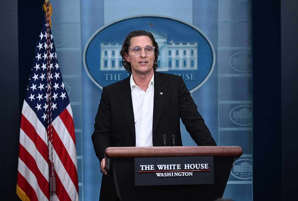Matthew McConaughey speaks during the daily briefing in the James S Brady Press Briefing Room of the White House in Washington, DC, on June 7, 2022 (BRENDAN SMIALOWSKI/AFP via Getty Images)