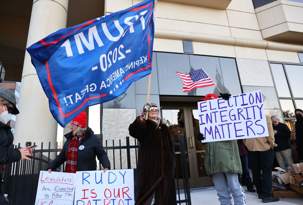 Supporters of Donald Trump gather outside the Michigan House Oversight building on December 2, 2020 in Lansing, Michigan.  (Rey Del Rio/Getty Images)