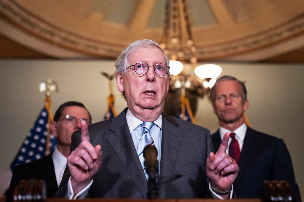 Senate Minority Leader Mitch McConnell (R-KY) speaks during a news conference after a closed-door lunch meeting with Senate Republicans at the U.S. Capitol on June 7, 2022 in Washington, DC. (Drew Angerer/Getty Images)