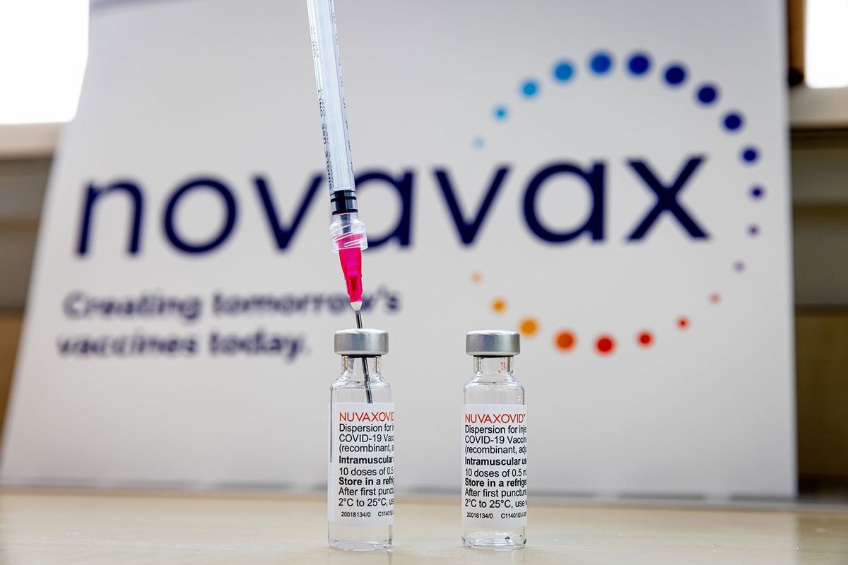 A general view of Novavax vaccine vials as the Dutch Health Service Organization starts with the Novavax vaccination program on March 21, 2022 in The Hague, Netherlands. (Patrick van Katwijk/Getty Images)