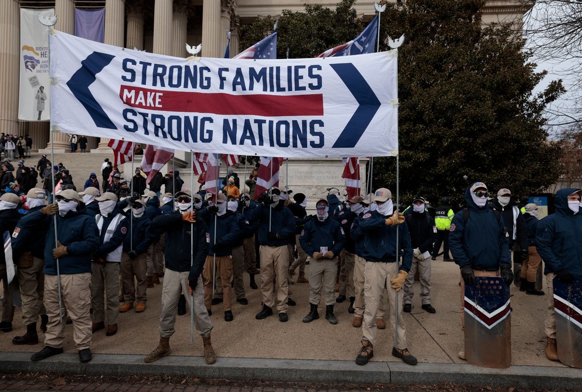 Members of the Patriot Front attend the 49th annual March for Life rally on January 21, 2022 in Washington, DC.  (Photo by Anna Moneymaker/Getty Images)