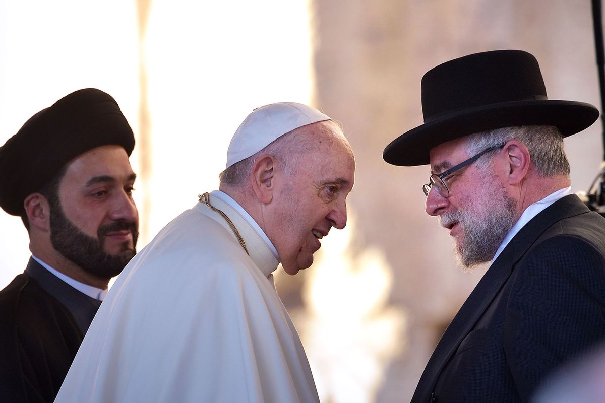 Pope Francis, Sayyed Abu al-Qasim al-Dibaji and Rabbi Pinchas Goldschmidt at Rome's Colosseum for an International Meeting for Peace with leaders of various religions and confessions in Rome, Italy. (Stefano Spaziani/Archivio Spaziani/Mondadori Portfolio via Getty Images)