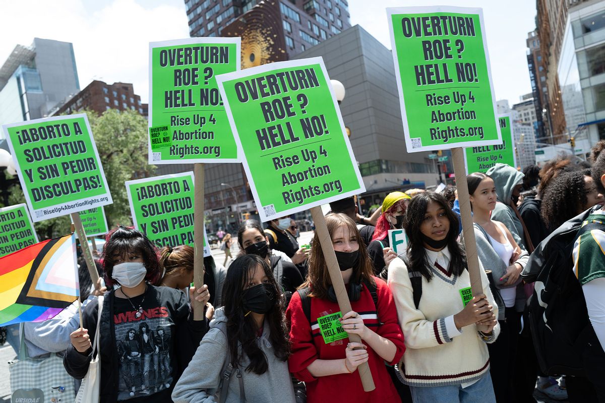 Students participate in a school walk-out and march in Manhattan to show their support for abortion rights and for gun control on May 26, 2022 in New York City. (Spencer Platt/Getty Images)