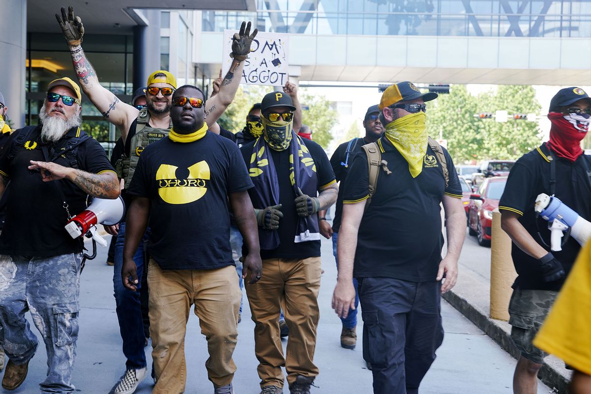The Proud Boys, an American far-right organization, is seen outside the NRA conference in Houston, Texas, United States on May 28, 2022, the days after a mass shooting at a Texas elementary school left 19 children and two adults dead. (Katie McTiernan/Anadolu Agency via Getty Images)