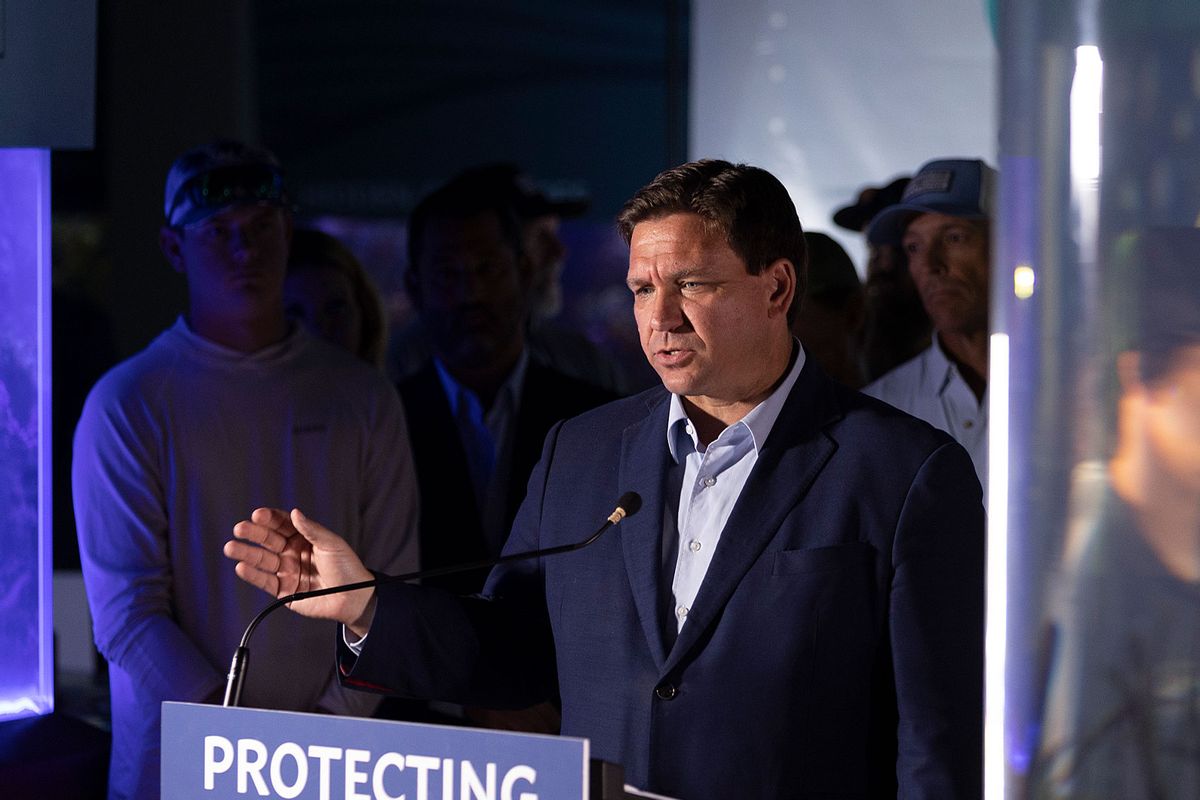 Florida Gov. Ron DeSantis speaks during a press conference held at the Cox Science Center & Aquarium on June 08, 2022 in West Palm Beach, Florida. (Joe Raedle/Getty Images)