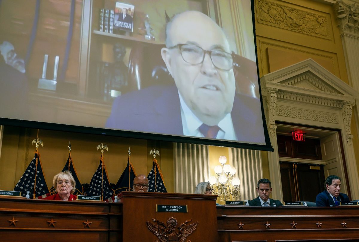 Video from a deposition with former President Trump advisor Rudy Giuliani is played during a hearing by the Select Committee to Investigate the January 6th Attack on the U.S. Capitol in the Cannon House Office Building on June 13, 2022 in Washington, DC.  (Photo by Chip Somodevilla/Getty Images)