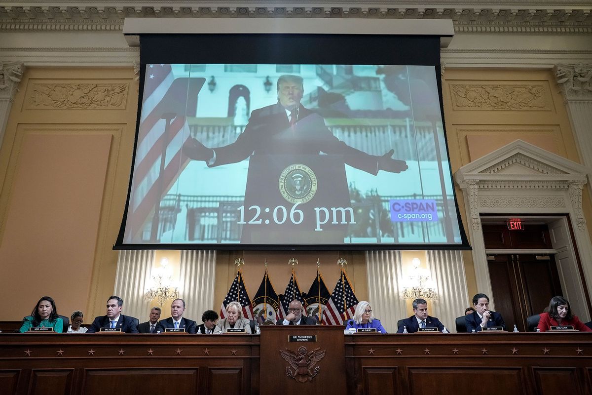 Former U.S. President Donald Trump is displayed on a screen during a hearing by the Select Committee to Investigate the January 6th Attack on the U.S. Capitol on June 09, 2022 in Washington, DC. (Drew Angerer/Getty Images)