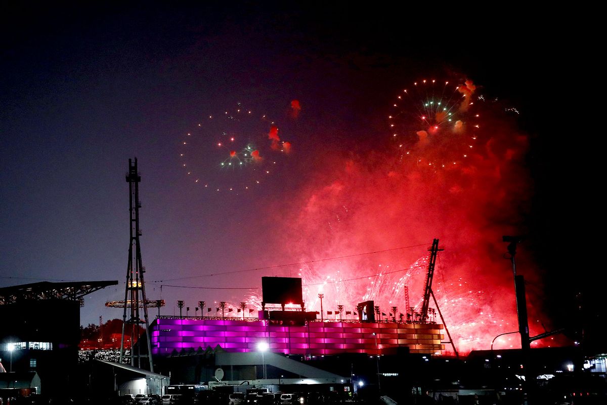 Fireworks in the shape of smiling faces are sent during the Opening Ceremony of the PyeongChang 2018 Winter Olympic Games at PyeongChang Olympic Stadium on February 9, 2018 in Pyeongchang-gun, South Korea. (Bruce Bennett/Getty Images)