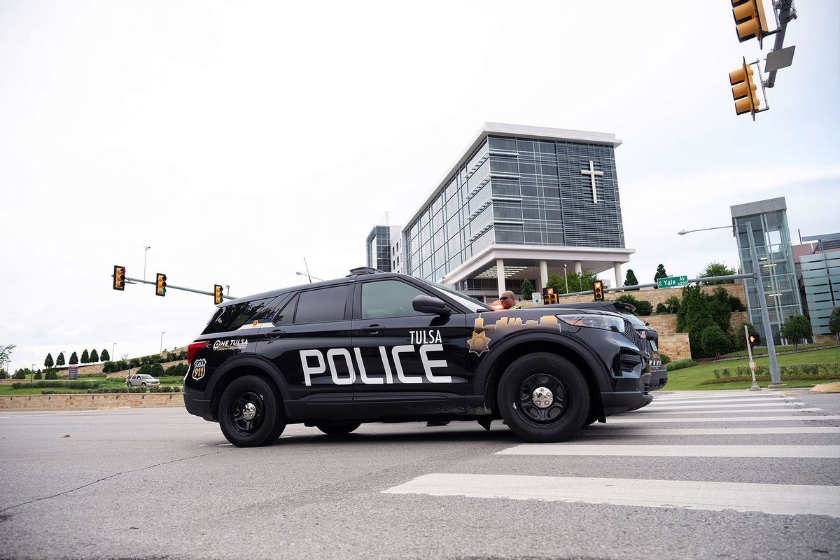 Police respond to the scene of a mass shooting at St. Francis Hospital on June 1, 2022 in Tulsa, Oklahoma. At least four people were killed in a shooting rampage at the Natalie Medical Building on the hospital's campus, according to published reports. (J Pat Carter/Getty Images)