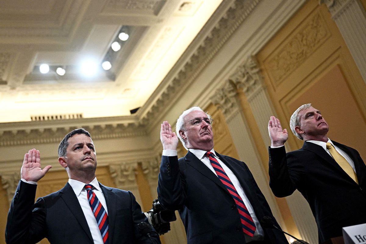 Former Assistant Attorney General for the Office of Legal Counsel Steven Engel (L) Former Acting Attorney General Jeffrey A. Rosen (C) and former Acting Deputy Attorney General Richard Donoghue (R) are sworn in during the fifth hearing by the House Select Committee to Investigate the January 6th Attack on the US Capitol in the Cannon House Office Building in Washington, DC, on June 23, 2022. (BRENDAN SMIALOWSKI/AFP via Getty Images)