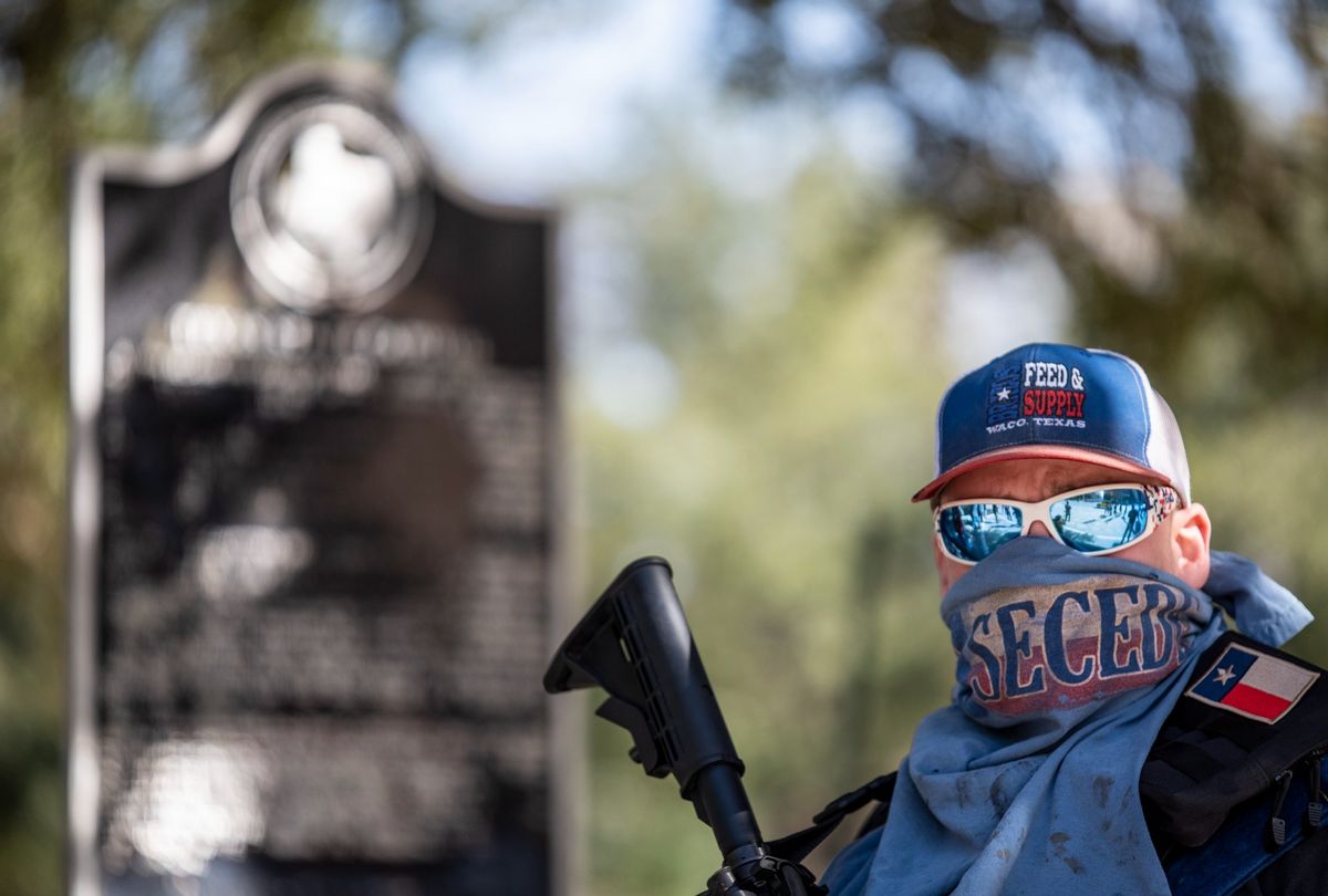 A man wears a face covering that reads "secede" outside the Texas state capitol on January 16, 2021 in Austin, Texas. (Sergio Flores/Getty Images)