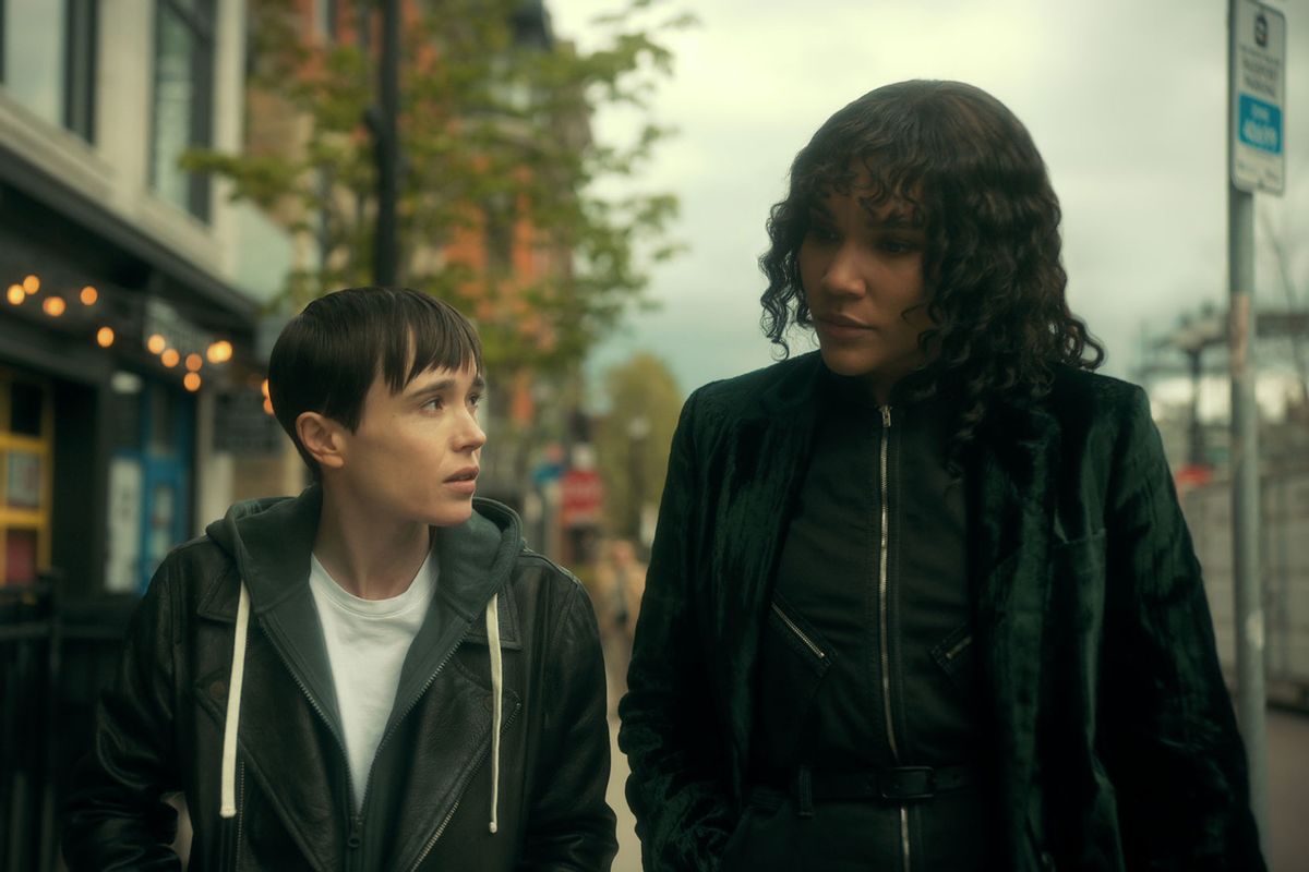 Elliot Page as Viktor Hargreeves and Emmy Raver-Lampman as Allison Hargreeves in "The Umbrella Academy" (Netflix)
