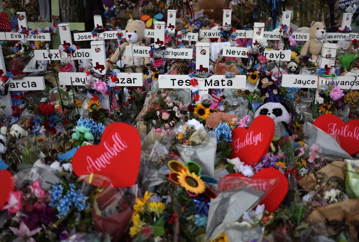 Wooden crosses are placed at a memorial dedicated to the victims of the mass shooting at Robb Elementary School in Uvalde, Texas (Alex Wong/Getty Images)