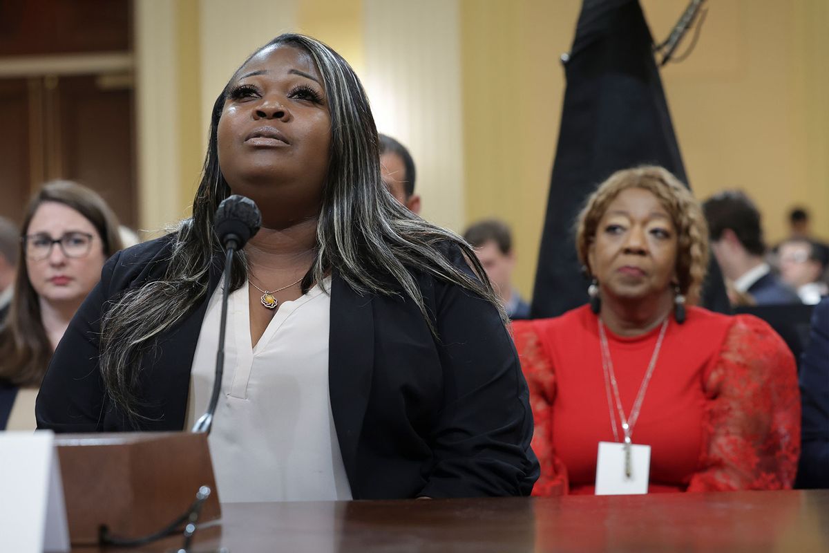 Wandrea ArShaye “Shaye” Moss (L), former Georgia election worker, testifies during the fourth hearing on the January 6th investigation as her mother Ruby Freeman (R) listens in the Cannon House Office Building on June 21, 2022 in Washington, DC. (Kevin Dietsch/Getty Images)