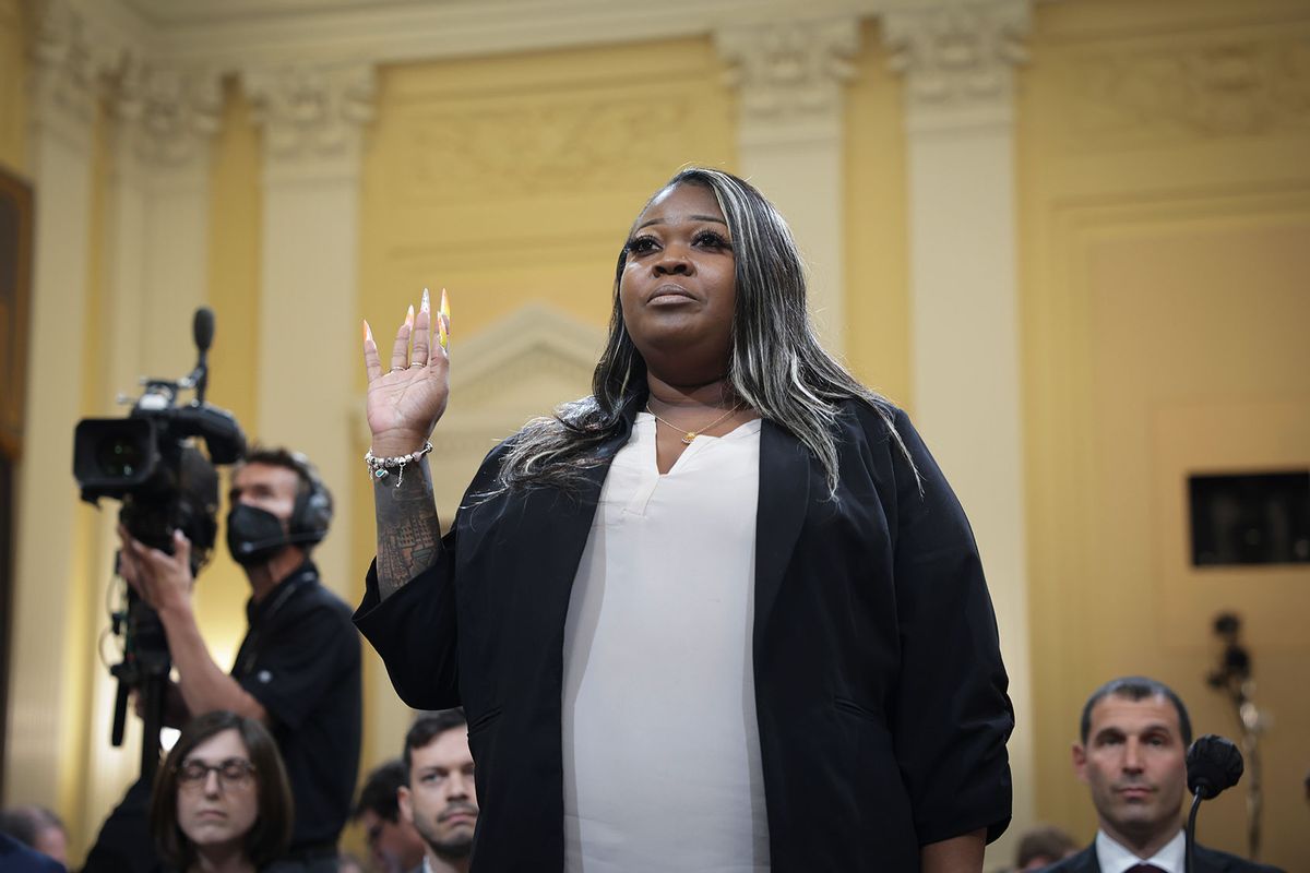 Wandrea ArShaye “Shaye” Moss, former Georgia election worker, is sworn in prior to testifying during the fourth hearing on the January 6th investigation in the Cannon House Office Building on June 21, 2022 in Washington, DC.  (Kevin Dietsch/Getty Images)