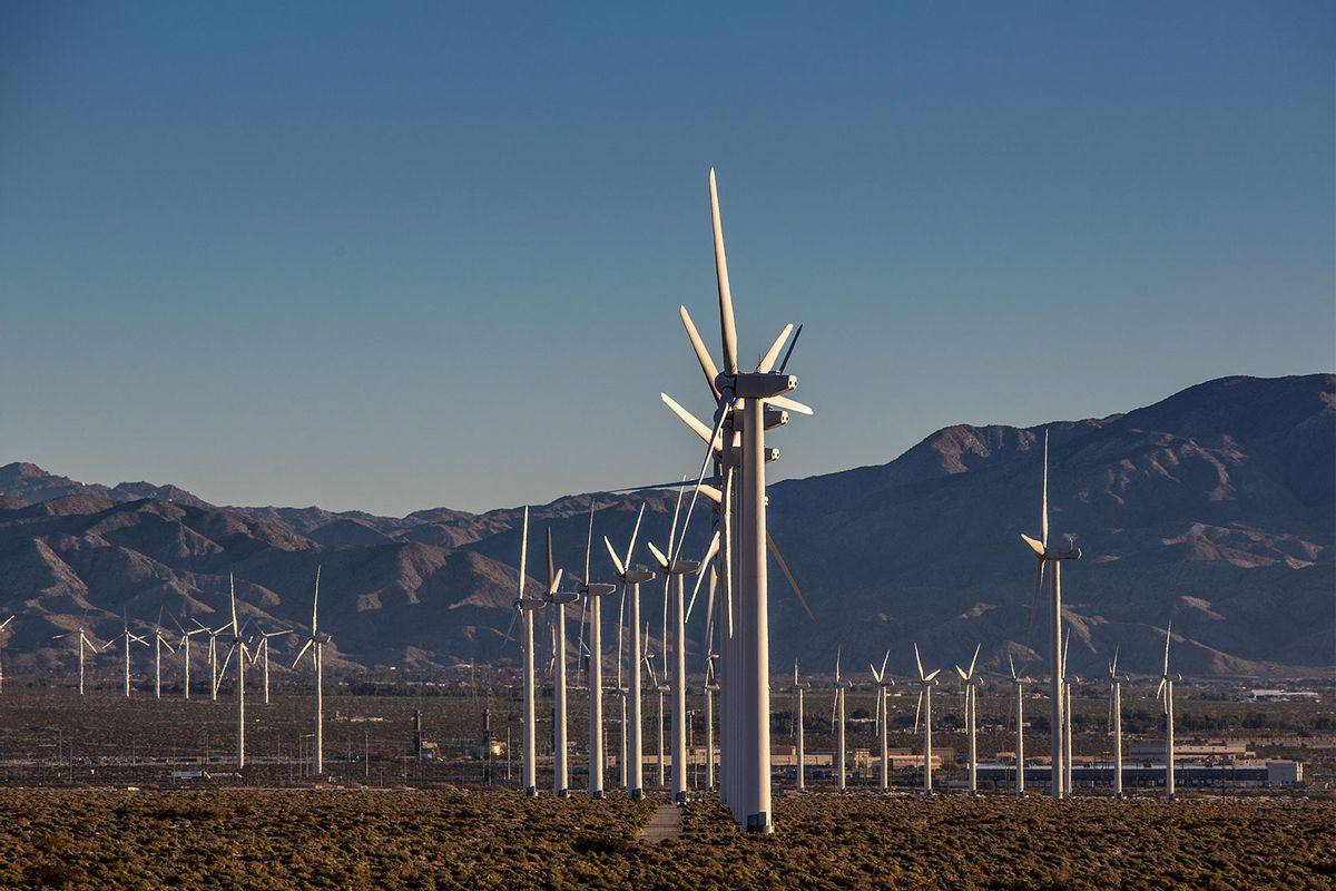 Hundreds of wind turbines are viewed along Highway 111 and Interstate 10 on March 7, 2022 near Palm Springs, California. (George Rose/Getty Images)