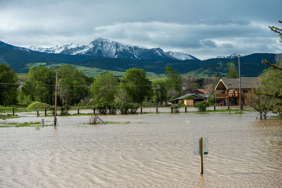 Flooding is seen on June 14, 2022 in Livingston, Montana. The Yellowstone River hit has a historic high flow from rain and snow melt from the mountains in and around Yellowstone National Park. (William Campbell/Getty Images)