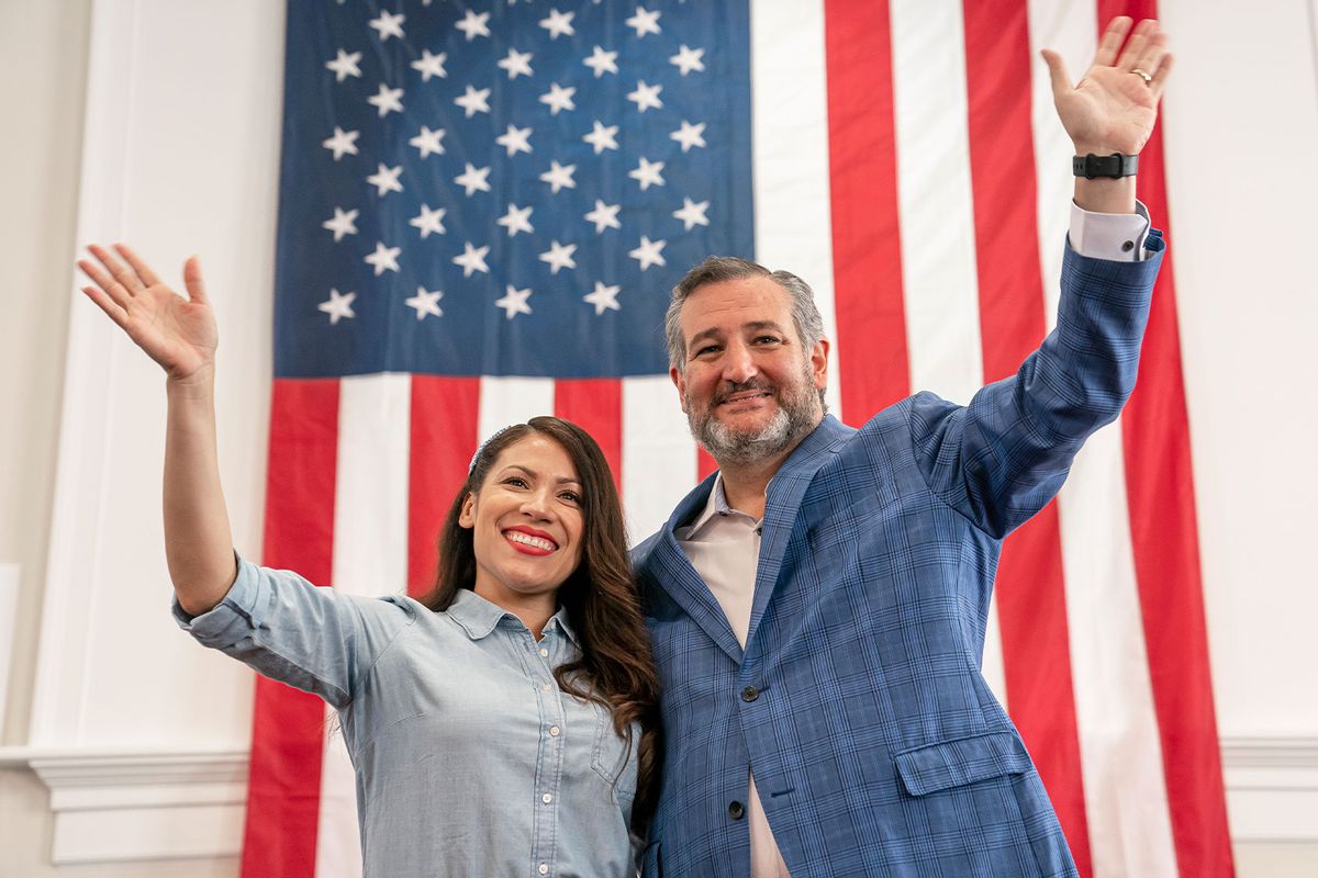 Yesli Vega, a primary candidate for the 7th Congressional District, and Sen. Ted Cruz (R-TX) wave to the crowd during a campaign event on June 20, 2022 in Fredericksburg, Virginia. (Nathan Howard/Getty Images)