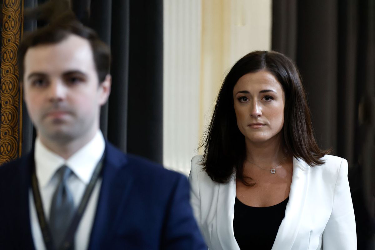 Cassidy Hutchinson (R), a top former aide to Trump White House Chief of Staff Mark Meadows, arrives to testify during the sixth hearing by the House Select Committee on the January 6th insurrection in the Cannon House Office Building on June 28, 2022 in Washington, DC. (Anna Moneymaker/Getty Images)