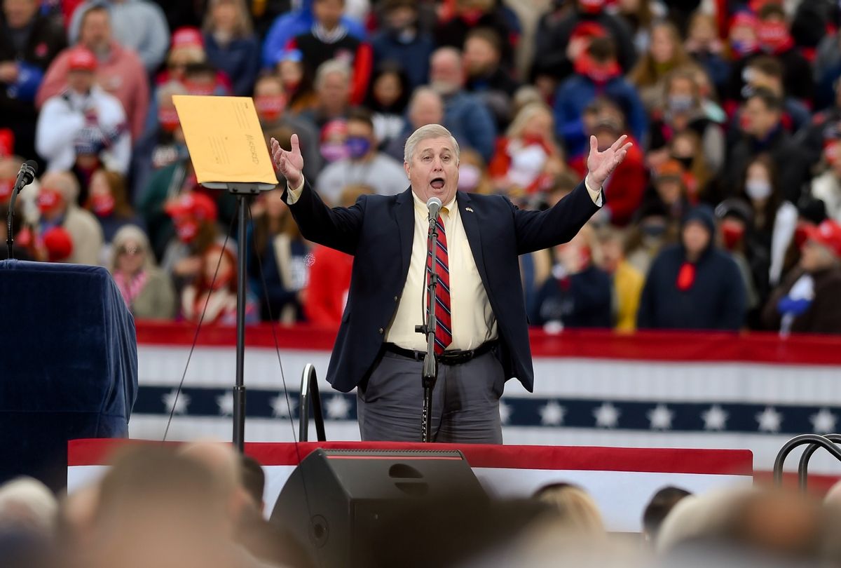 Berks County Commissioner Christian Leinbach sings the National Anthem at a Trump rally at the Reading Regional Airport in Bern Township, PA Saturday October 31, 2020. (Ben Hasty/MediaNews Group/Reading Eagle via Getty Images)