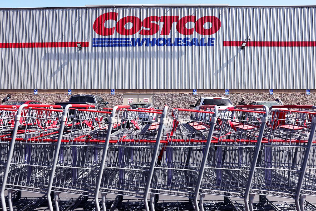 Shopping carts are lined up in front of a Costco store on February 25, 2021 in Inglewood, California. (Mario Tama/Getty Images)