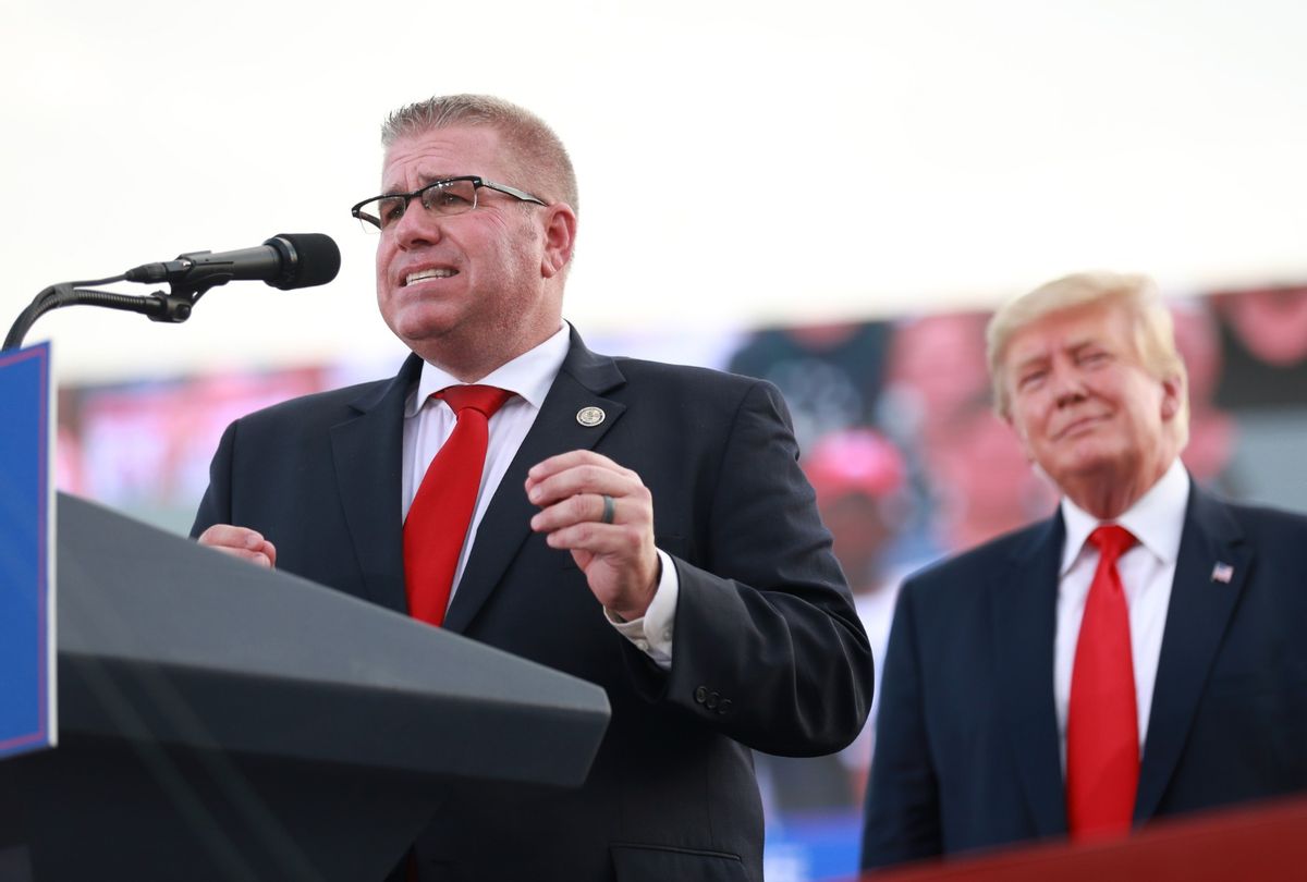 Illinois Gubernatorial hopeful Darren Bailey delivers remarks during a Save America Rally with former US President Donald Trump at the Adams County Fairgrounds on June 25, 2022 in Mendon, Illinois.  (Michael B. Thomas/Getty Images)