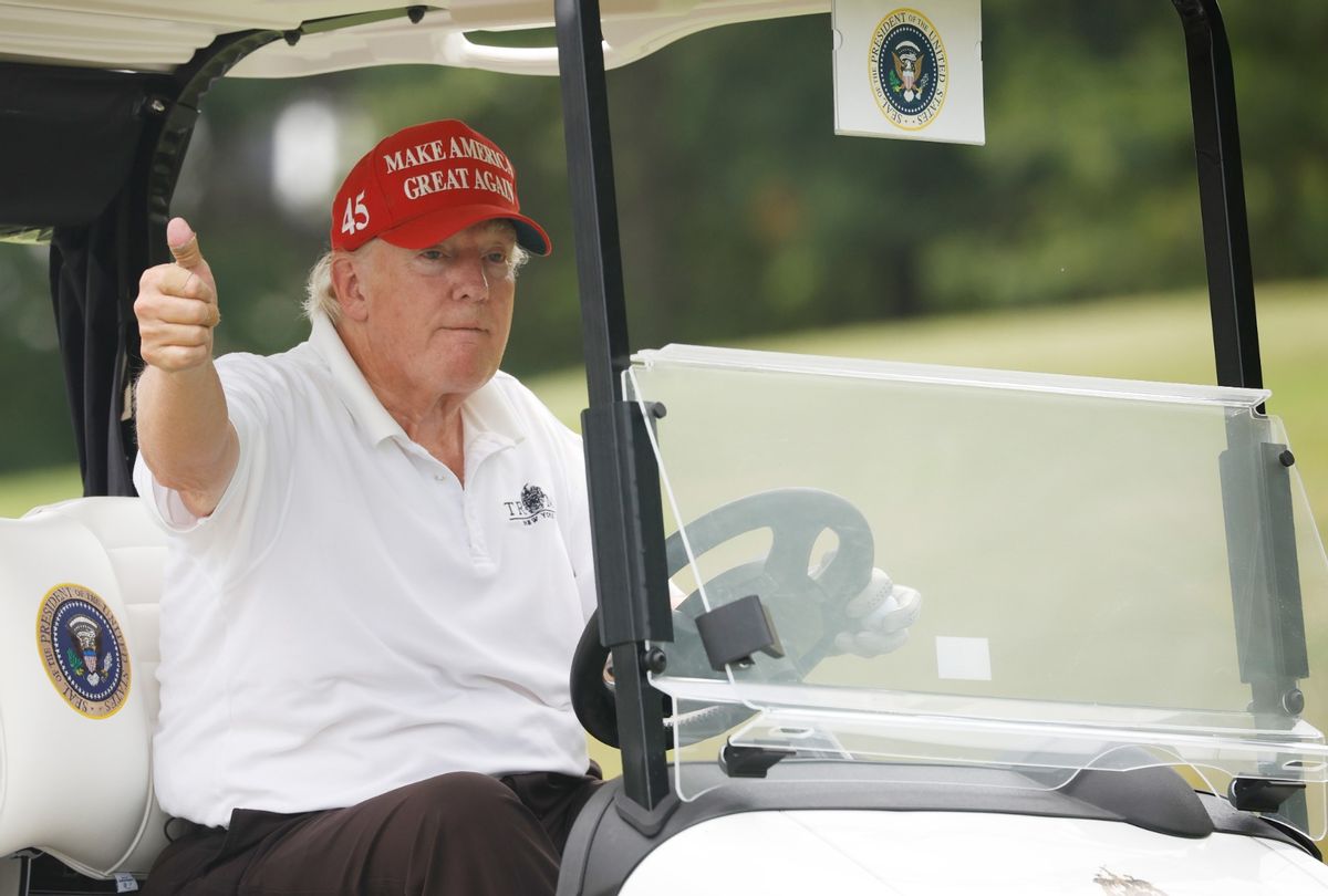Former U.S. President Donald Trump gives a thumbs up during the pro-am prior to the LIV Golf Invitational - Bedminster at Trump National Golf Club Bedminster on July 28, 2022. (Cliff Hawkins/Getty Images)