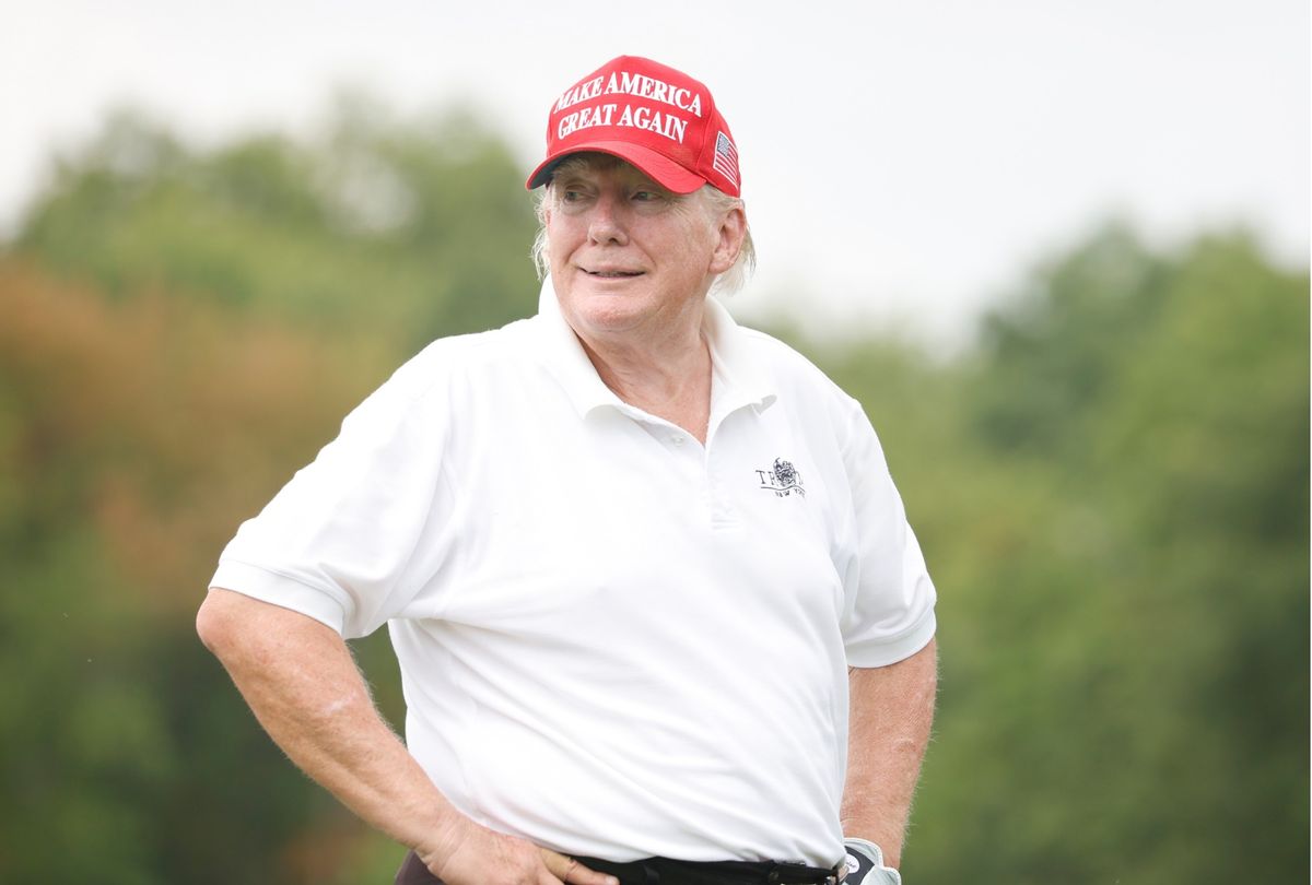 Former U.S. President Donald Trump looks on during the pro-am prior to the LIV Golf Invitational - Bedminster at Trump National Golf Club Bedminster on July 28, 2022. (Cliff Hawkins/Getty Images)