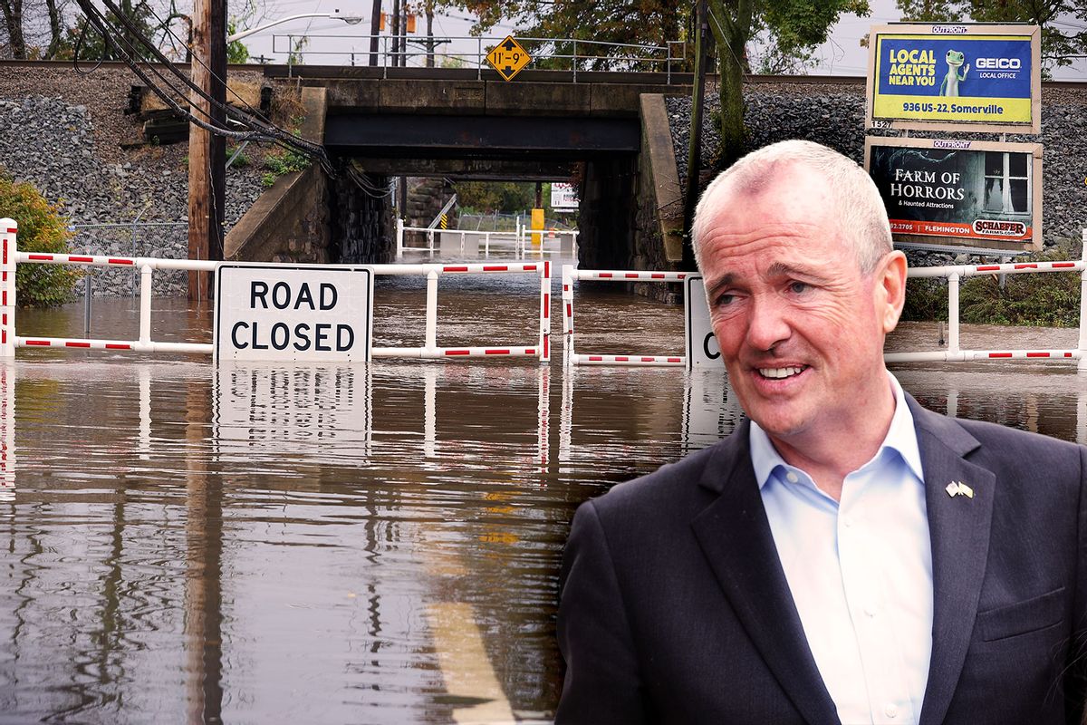 New Jersey Governor Phil Murphy | A view of a residential area in Middlesex County as floodwater covers streets that norâeaster left behind flash floods east coast, in New Jersey, United States on October 26, 2021. (Photo illustration by Salon/Getty Images)