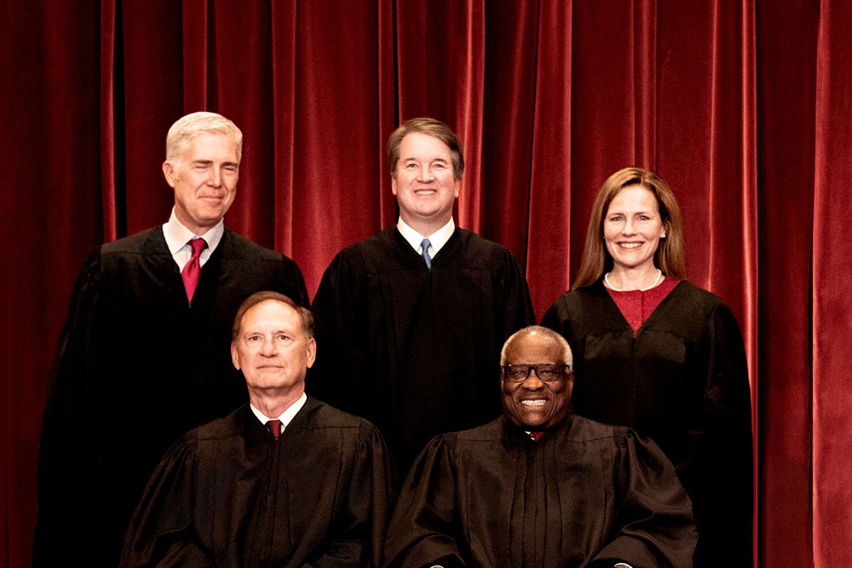 US Supreme Court Associate Justices Neil Gorsuch, Brett Kavanaugh, Amy Coney Barrett, Samuel Alito and Clarence Thomas. (Photo illustration by Salon/Erin Schaff-Pool/Getty Images)