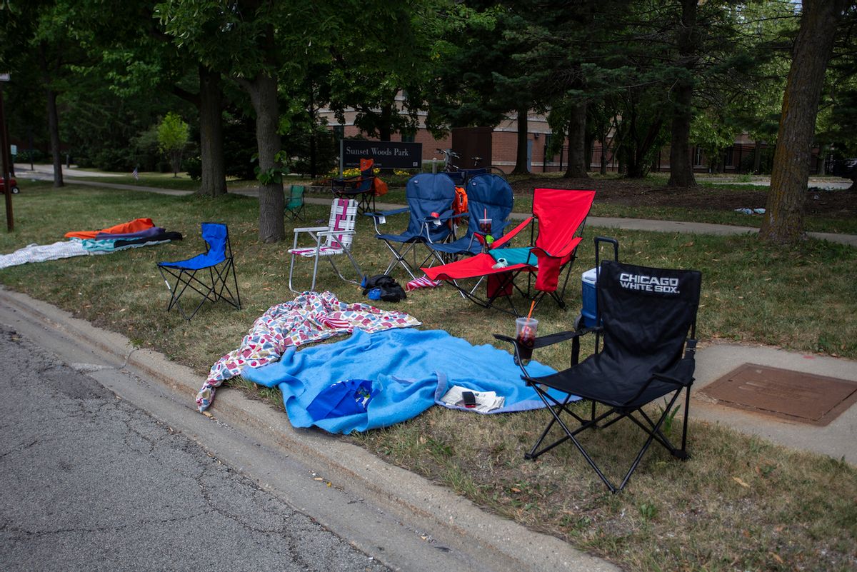 Chairs and blankets are left abandoned after a shooting at a Fourth of July parade on July 4, 2022 in Highland Park, Illinois.  (Jim Vondruska/Getty Images)