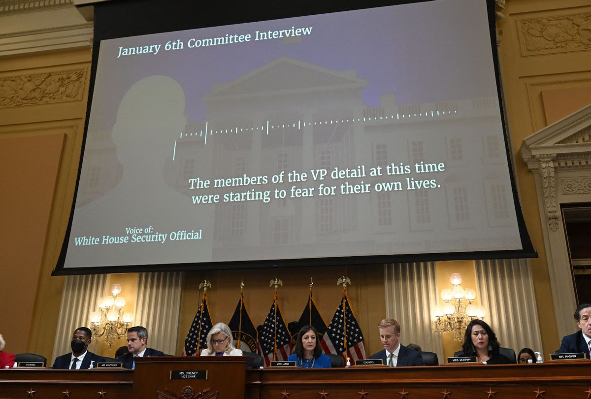 Audio of members of the Former Vice President Mike Pence detail is heard during a hearing by the House Select Committee to investigate the January 6th attack on the US Capitol in the Cannon House Office Building in Washington, DC, on July 21, 2022. (SAUL LOEB/AFP via Getty Images)