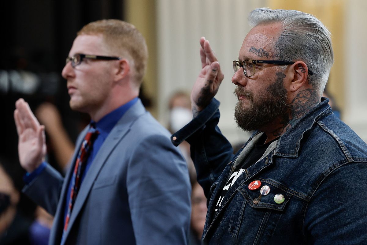 Stephen Ayres (L), who entered the U.S. Capitol illegally on January 6, 2021, and Jason Van Tatenhove (R), who served as national spokesman for the Oath Keepers and as a close aide to Oath Keepers founder Stewart Rhodes, are sworn-in during the seventh hearing by the House Select Committee to Investigate the January 6th Attack on the U.S. Capitol in the Cannon House Office Building on July 12, 2022, in Washington, DC. (Anna Moneymaker/Getty Images)
