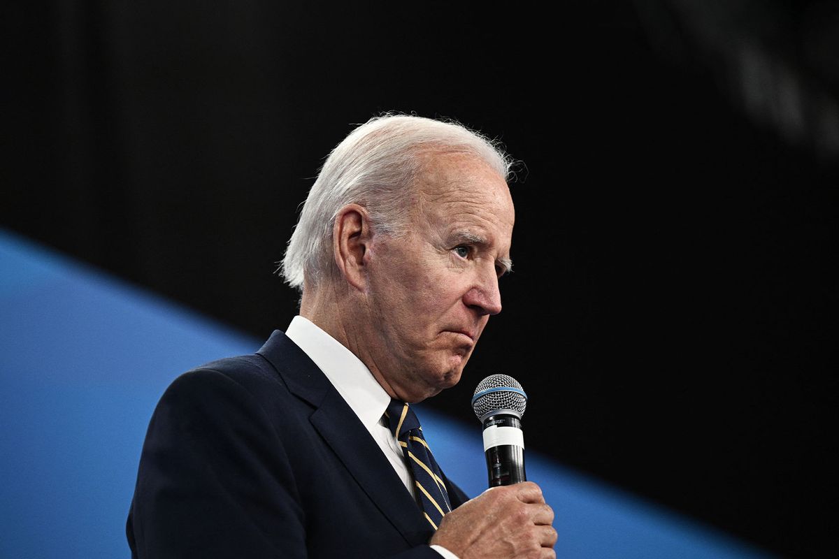 US President Joe Biden addresses media representatives during a press conference at the NATO summit at the Ifema congress centre in Madrid, on June 30, 2022. (BRENDAN SMIALOWSKI/AFP via Getty Images)