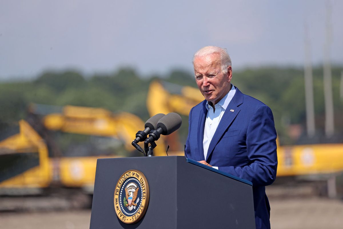 President Joe Biden traveled to Somerset, MA to deliver remarks on tackling the climate crisis and seizing the opportunity of a clean energy future to create jobs and lower costs for families.  (David L. Ryan/The Boston Globe via Getty Images)