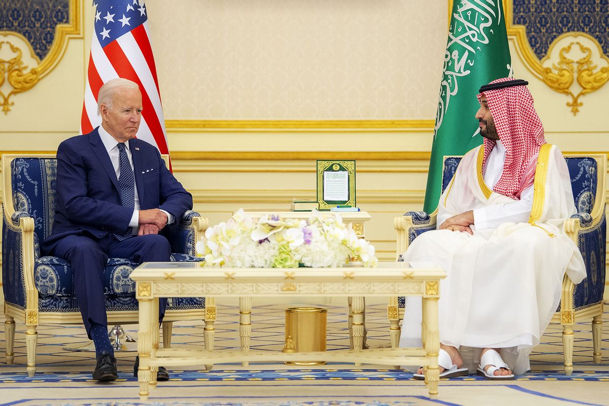 US President Joe Biden (L) meets Saudi Arabian Crown Prince Mohammed bin Salman (R) at Alsalam Royal Palace in Jeddah, Saudi Arabia on July 15, 2022. (Royal Court of Saudi Arabia/Anadolu Agency via Getty Images)