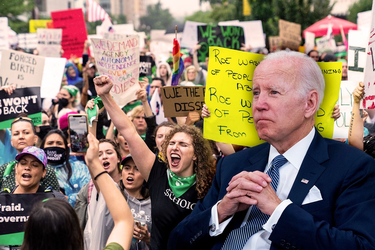 Joe Biden | Demonstrators are seen on H Street NW, during the Womens March to the White House to call on the Biden Administration protect abortion rights on Saturday, July 9, 2022 (Photo illustration by Salon/Getty Images)