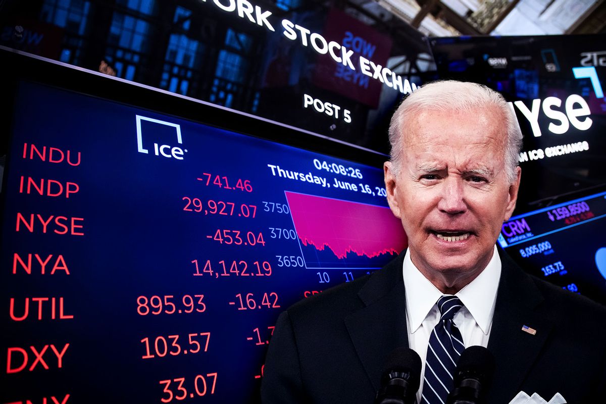Joe Biden | A monitor displays stock market information on the floor of the New York Stock Exchange NYSE in New York, the United States, June 16, 2022 (Photo illustration by Salon/Getty Images/Drew Angerer/Michael Nagle/Xinhua)