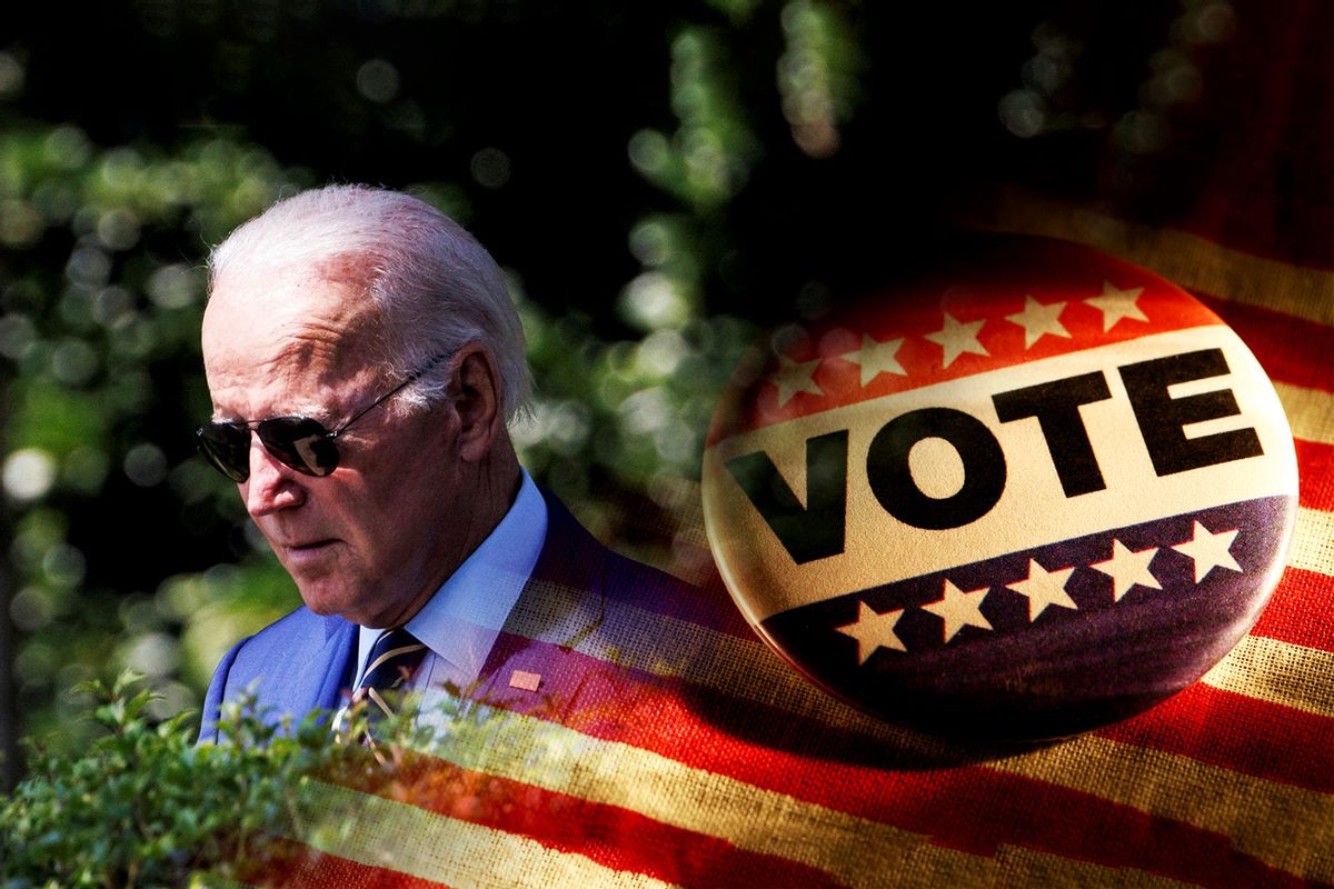 Joe Biden | Vote Pin button on an American flag (Photo illustration by Salon/Getty Images)