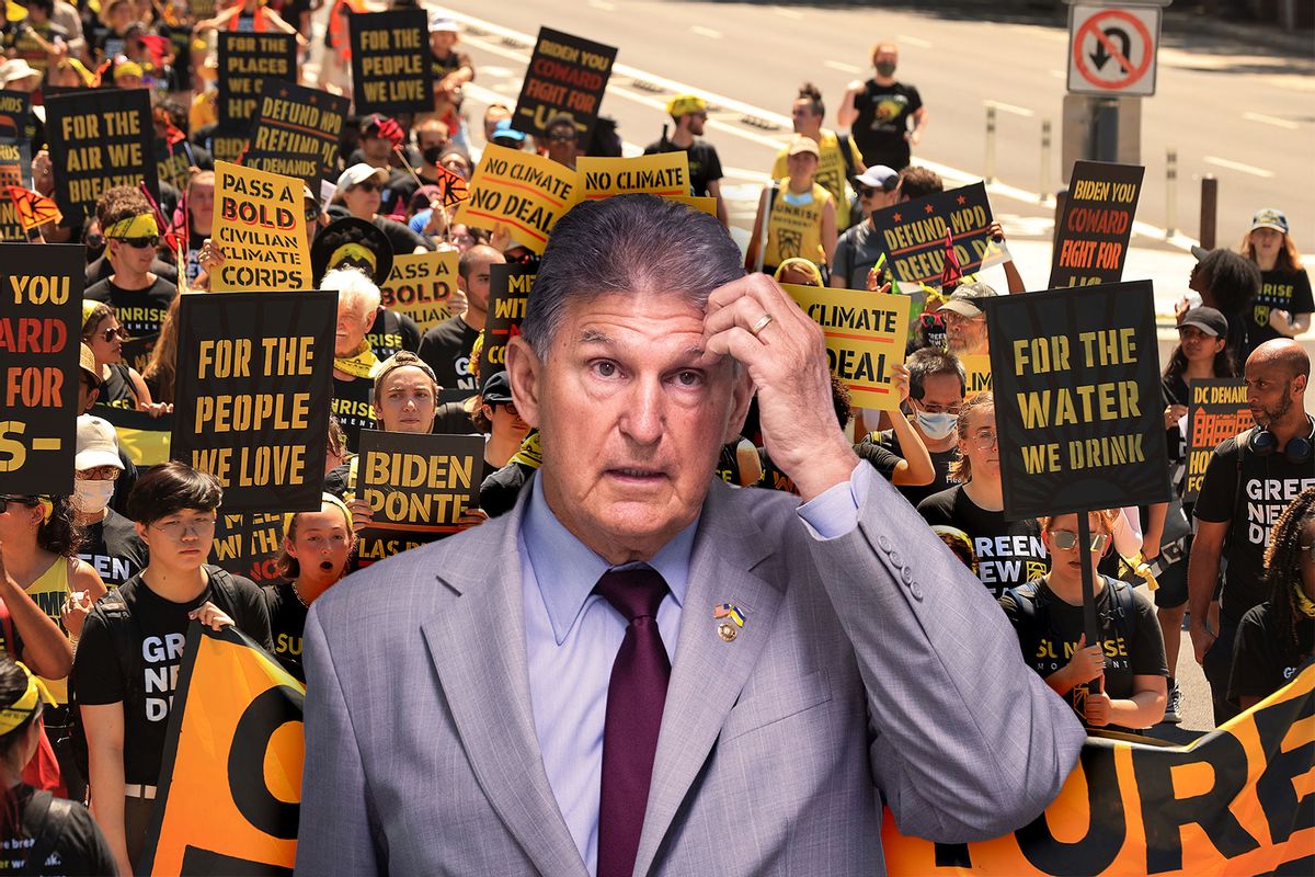 Sen. Joe Manchin, D-W.Va. | Hundreds of young climate activists march along Pennsylvania Avenue to the White House to demand that President Joe Biden work to make the Green New Deal into law on June 28, 2021 in Washington, DC. (Photo illustration by Salon/Getty Images)