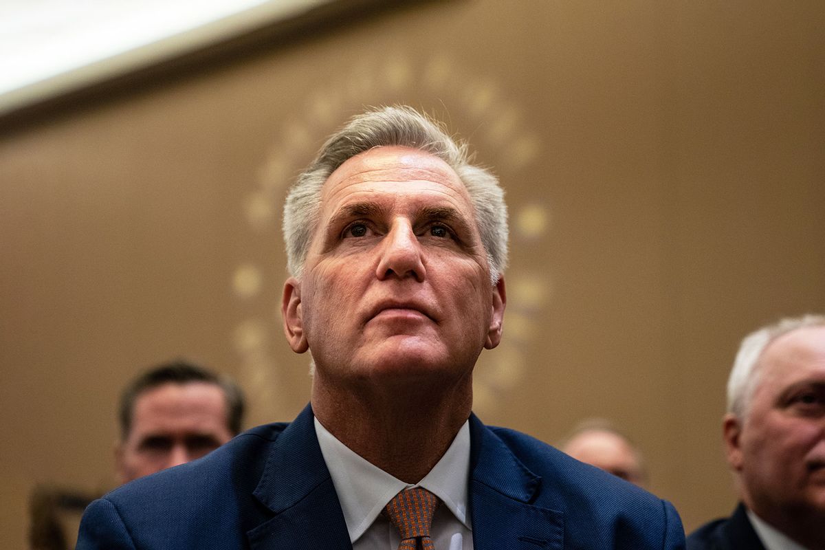 House Minority Leader Kevin McCarthy (R-CA) listens as Former President Donald Trump speaks at the America First Policy Institute's America First Agenda summit at the Marriott Marquis on Tuesday, July 26, 2022 in Washington, DC. (Kent Nishimura / Los Angeles Times via Getty Images)