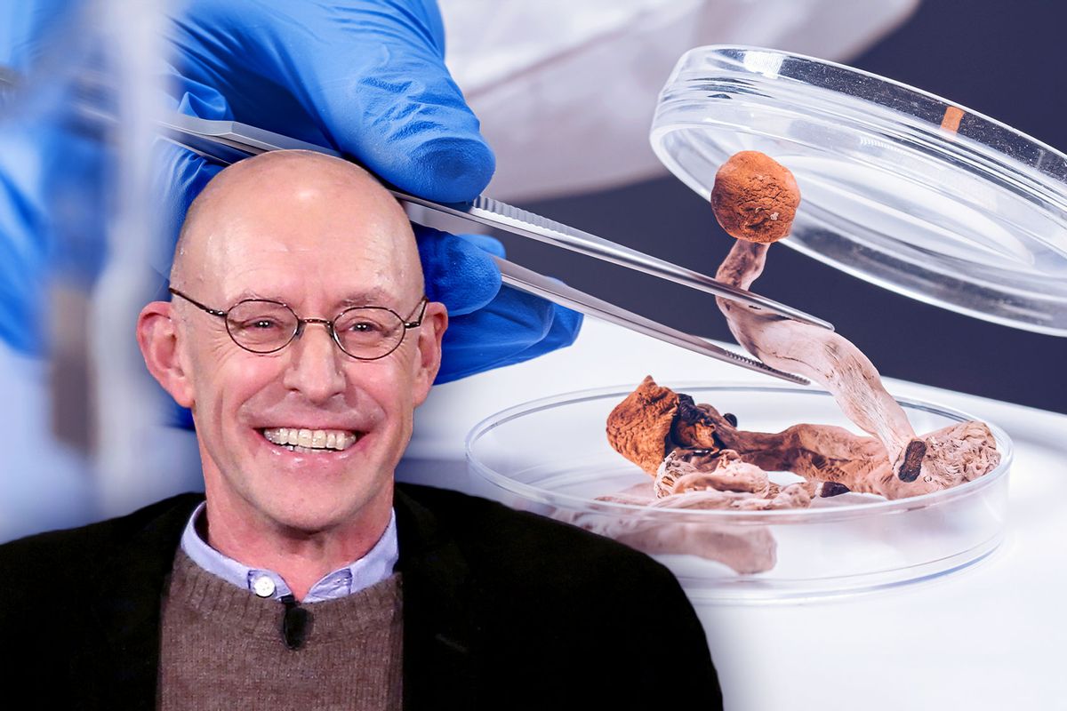 Author Michael Pollan | Scientist examining magic mushrooms with a loupe and tweezers in a petri dish at laboratory (Photo illustration by Salon/Getty Images)