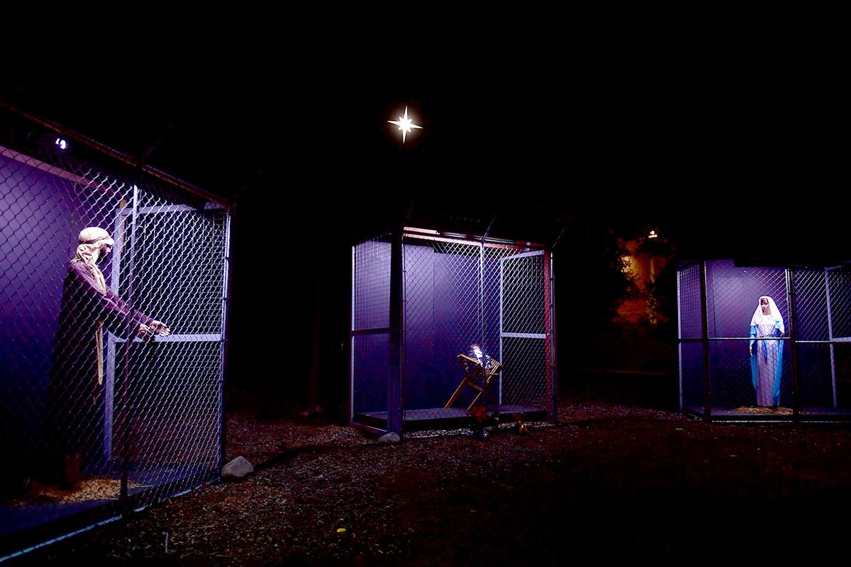 The Nativity scene at the Claremont United Methodist Church in Claremont, California on December 10, 2019, depicting a scene of Jesus, Mary and Joseph in separate cages as refugees. (FREDERIC J. BROWN/AFP via Getty Images)